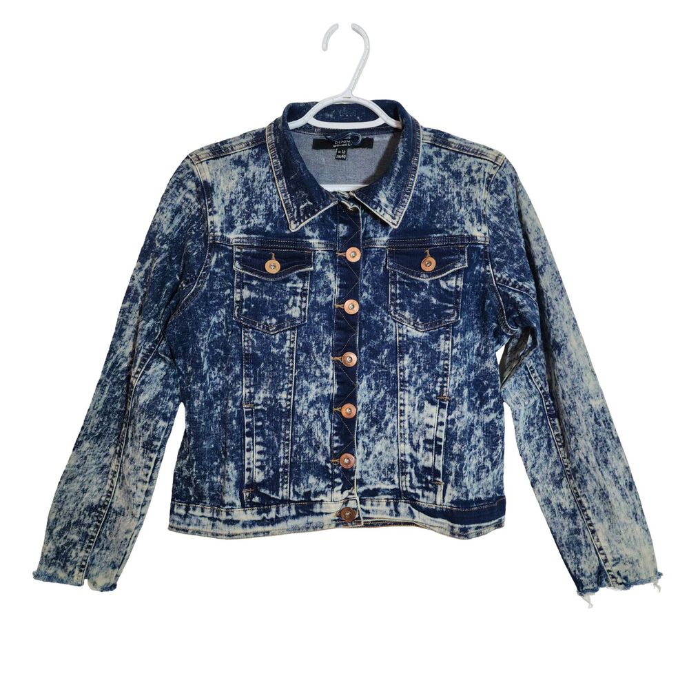 Select Acid Wash Cropped Denim Jacket Distressed Blue Button-Up Women's US 6/8